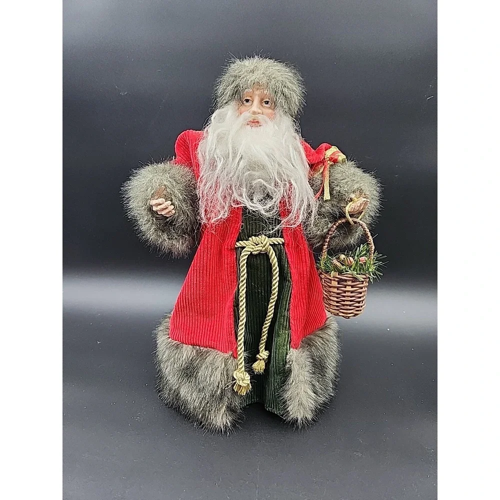 Old World Santa Christmas Tree Topper 13 Inch Red Green Corduroy Faux Fur Trim